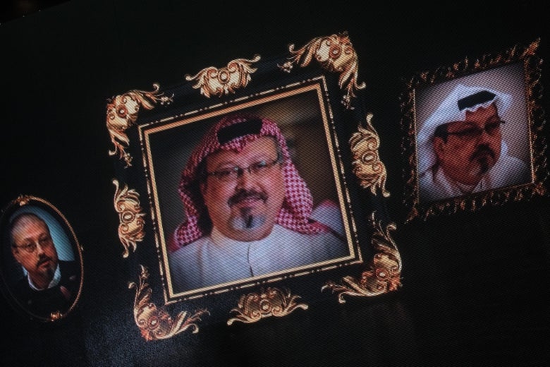Pictures of Jamal Khashoggi projected on a screen in Turkey